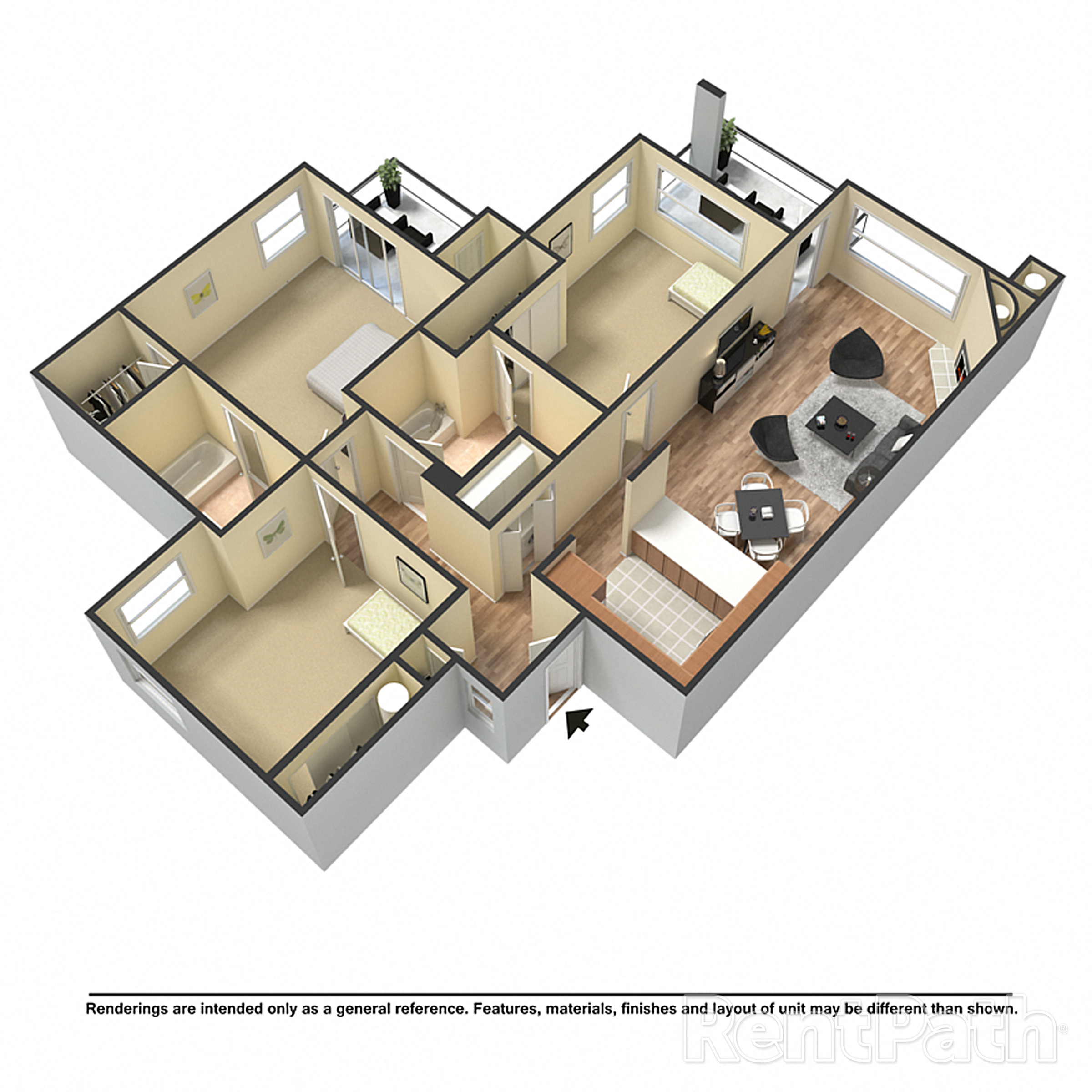 Floor plan for 3 beds, 2 baths, 1245 sqft